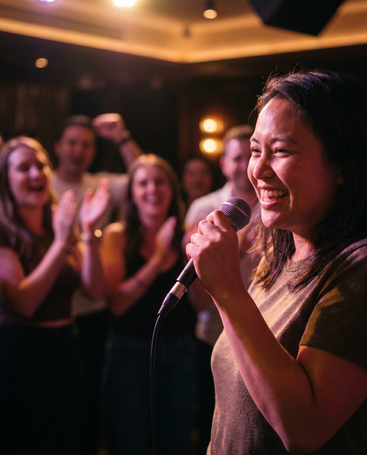 Karaoke singer with a crowd