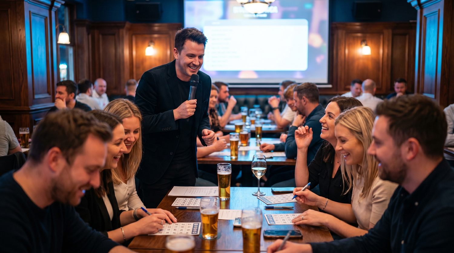 Guests at tables playing hosted pub trivia at an Edmonton venue